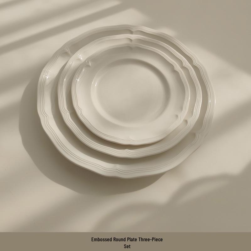 Tai Life French Retro White Embossed Ceramic Lace Plate for Breakfast & Dessert