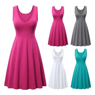 Rochie femeie cu decolteu în V fără mâneci linie A tivul liber Big Swing Pure Color Talie înaltă OL