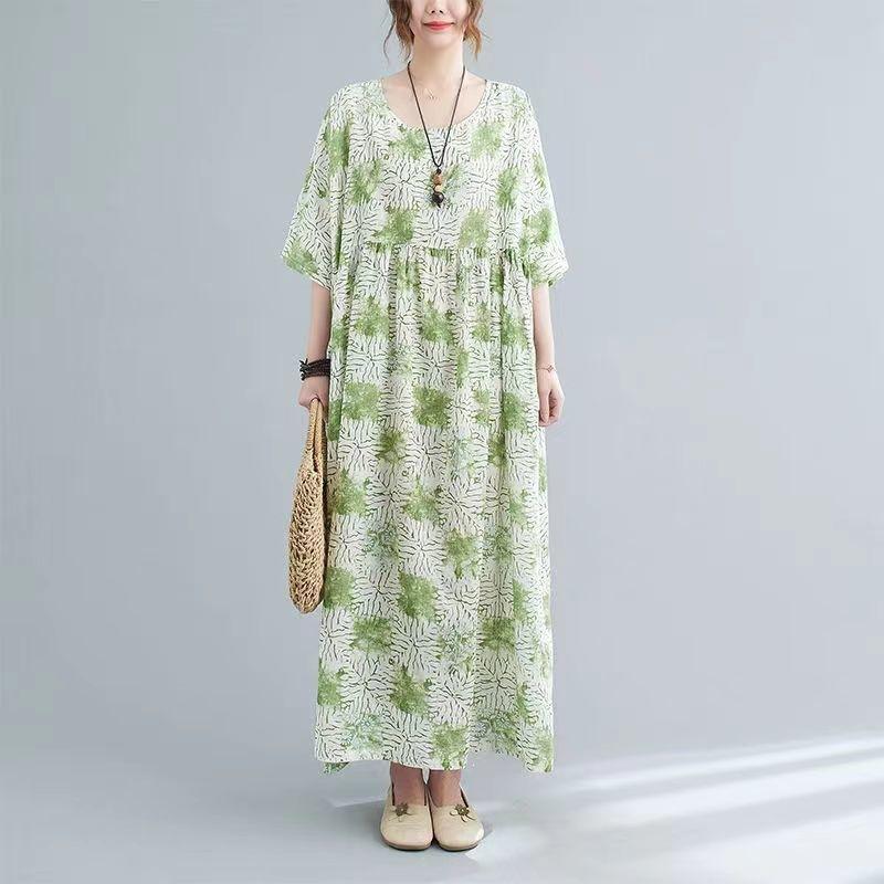Summer New Literary Age Reduction Large Size Loose and Thin Printed Short-sleeved Long Dress with Pockets Over the Knee Skirt