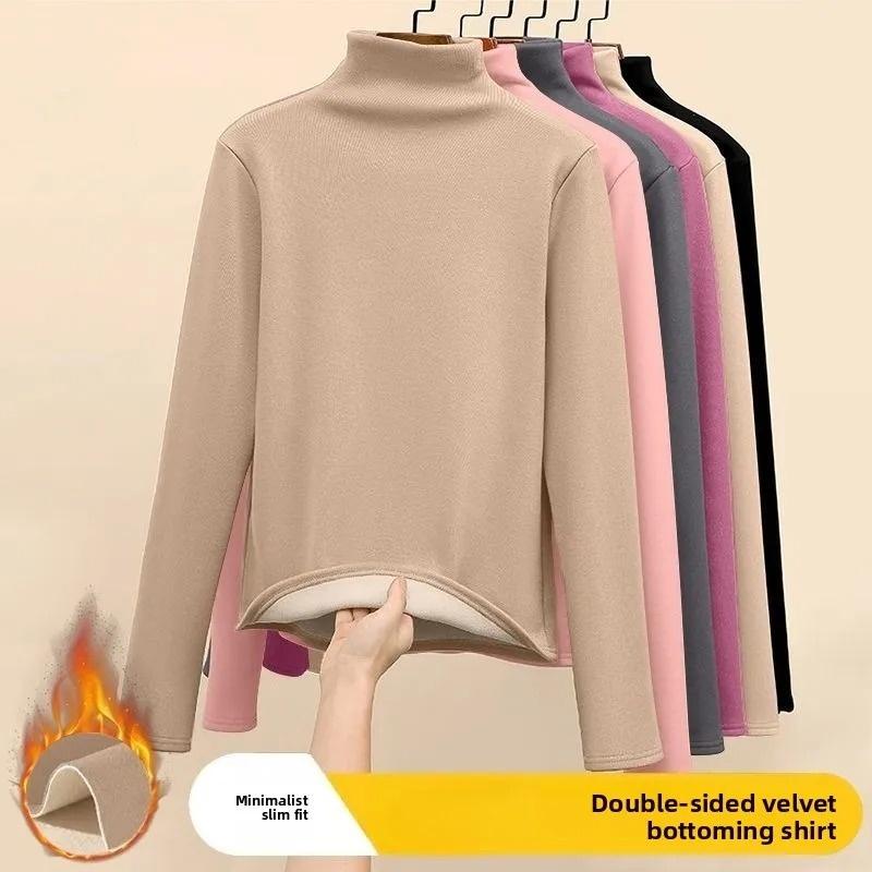 Women Thermal Underwear Winter Thickened and Flannel Bottom Shirt Solid Long Sleeve Basic T-Shirt Heating Fiber Pullovers