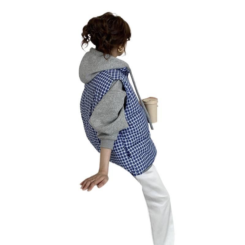 Casual blue plaid vest stacked coat women's winter fashion sleeveless loose velvet thickened outer wear