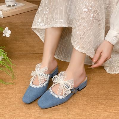 Baotou Niedrige Hausschuhe Sommer Neue Mode Quadratische Spitze Flache Öffnung Spitze Schmetterlingsknoten Weich Rutschfest Quadratischer Absatz Schuhe