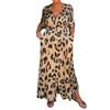 Leopard Print Women Maxi Dress V Neck Single Breasted Contrast Color Pockets Tight Waist Loose Ankle Length Soft Split Hem Lady Dress