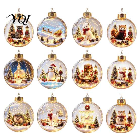 Festive Window Display Ornaments 3D Christmas Animal Faux Crystal Ball Ornament, Lighted Acrylic Hanging Decor Holiday with Hedgehog Penguin
