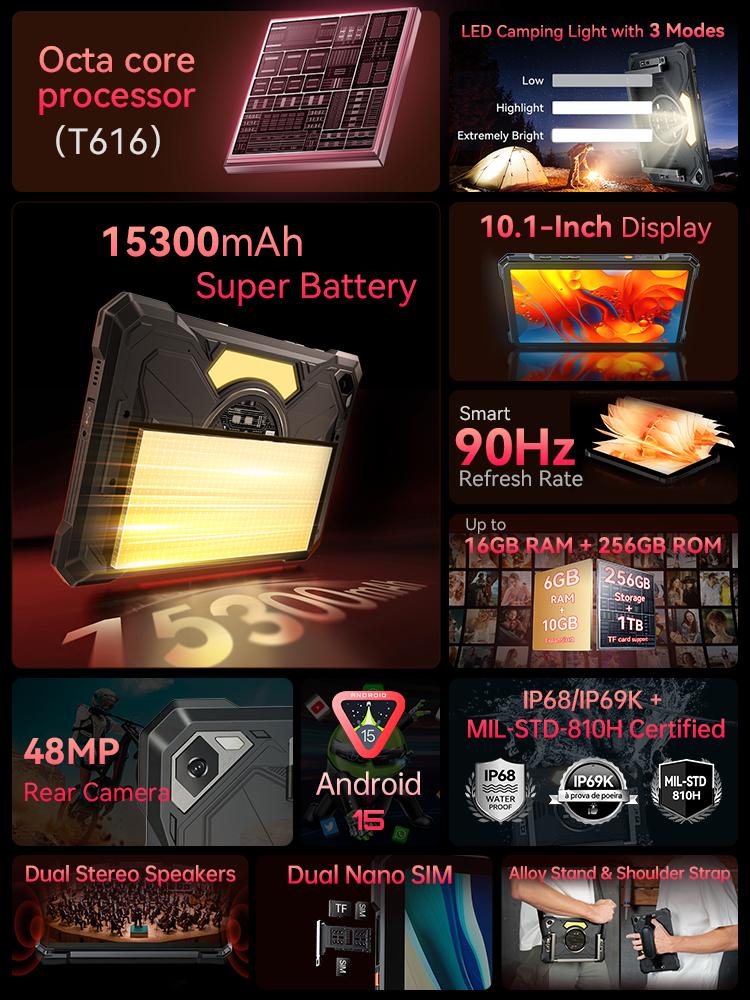 Cubot Tablet TAB KingKong S, Android 15, 15300mAh Baterie, 6GB+256GB, 10,1palcový 90Hz Displej, Kempingové Světlo, 48MP Fotoaparát