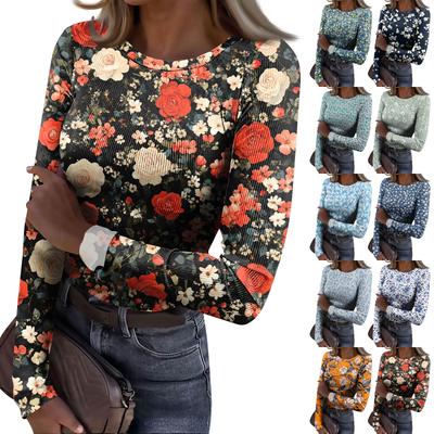 Women's  Slim Bottom T-shirt Fashion Casual Gradient Printing Round Neck Pullover Long Sleeve Top