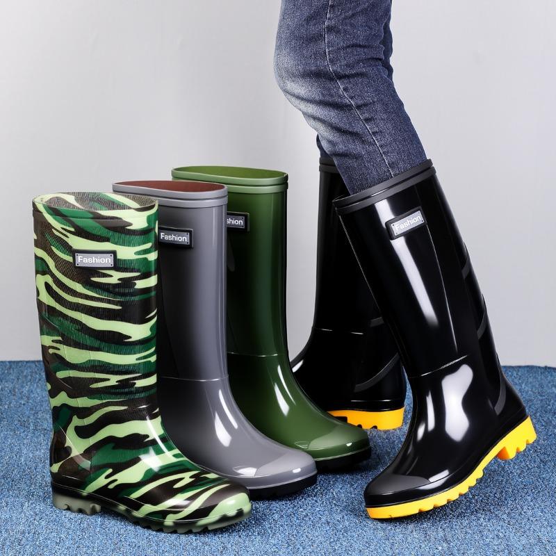 Men's Grey Plain Rain Boots Labor Boots High Rain Boots Protective Long Boots Men's Water Shoes Outdoor Camouflage Water Boots Gel Boots