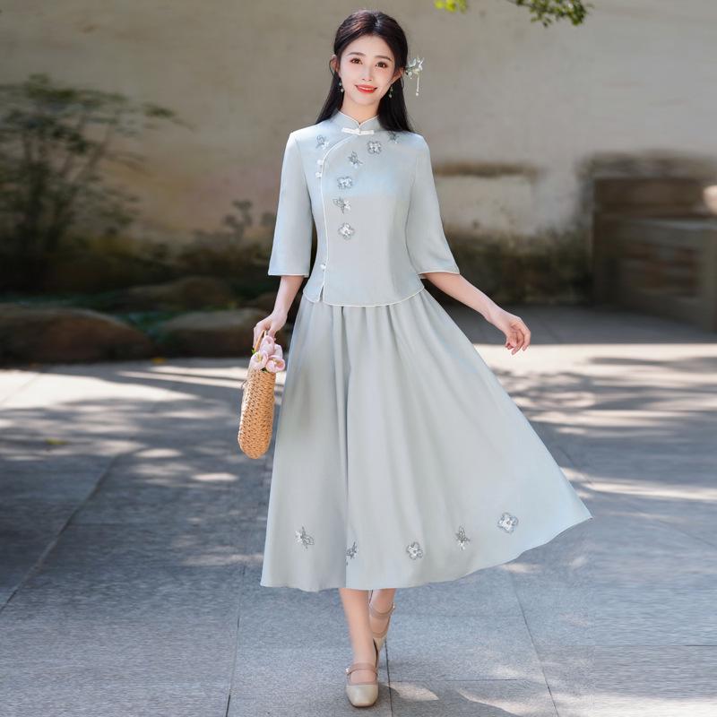 Top Hanfu Cheongsam din Bumbac și In Brodat cu Guler Înalt Retro de Primăvară