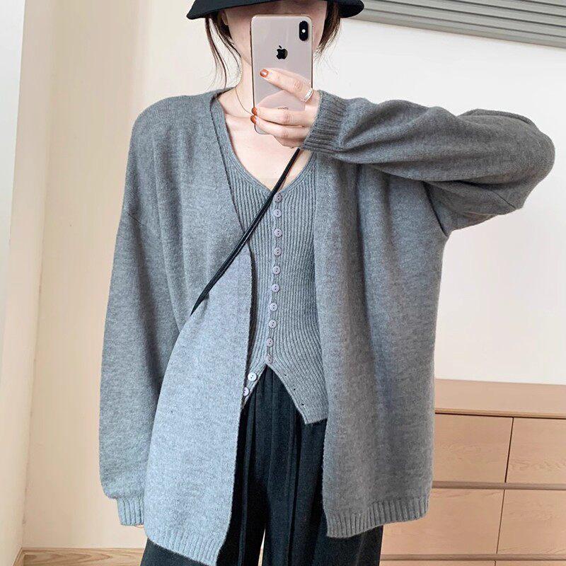 Korean Style Knit V-Neck Cardigan & Camisole Set for Women - Autumn/Winter Sweater Vest Duo