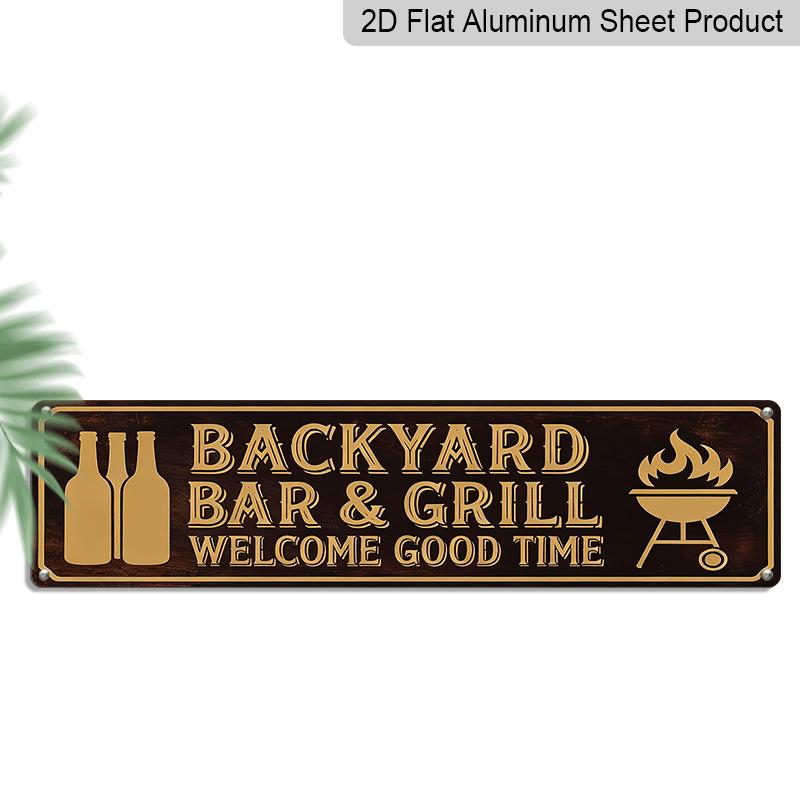 

2D Flat, 1pc Rustic Farmhouse Aluminium Decorative Sign Backyard Bar & Grill Welcome Good Time with Beer Bottles & Grill Art - Season Holiday 40cm x 10cm
