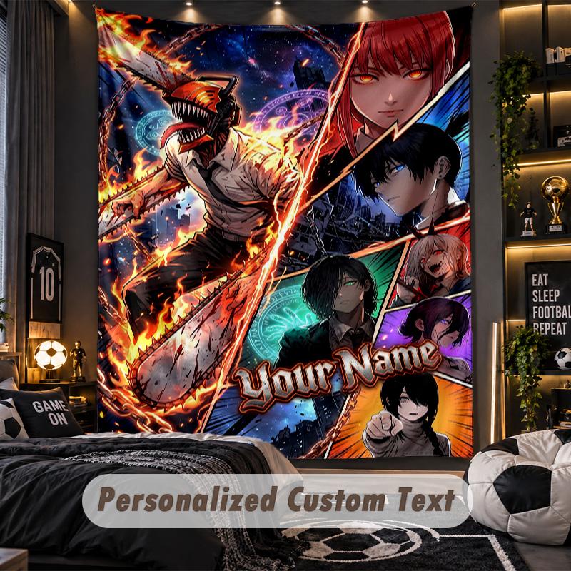 Personalized Wall Tapestry,Chainsaw Man Custom Printed Name, Fabric Wall Art For Indoor Room Backdrop