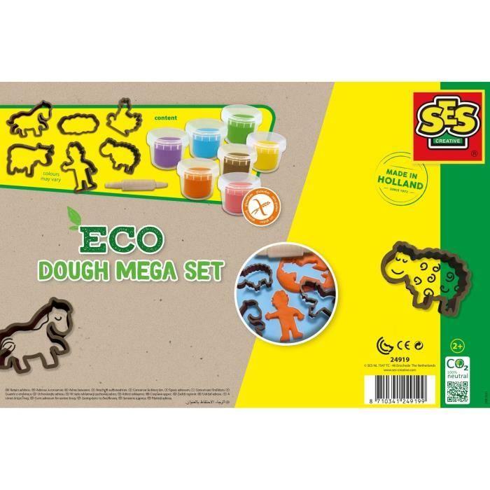 Kit de pâte a modeler géant écologique (7x90 g avec outils) - SES CREATIVE - Dough - Fabriqué aux Pays-Bas - Rouleau bois - Age : 2+