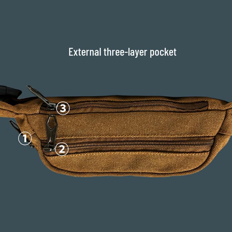 Męska płócienna torba biodrowa do sportów outdoorowych: Jednolity kolor, wielokomorowy, odporny na zużycie, pogrubiony, przenośny portfelik na monety, trzywarstwowa konstrukcja.