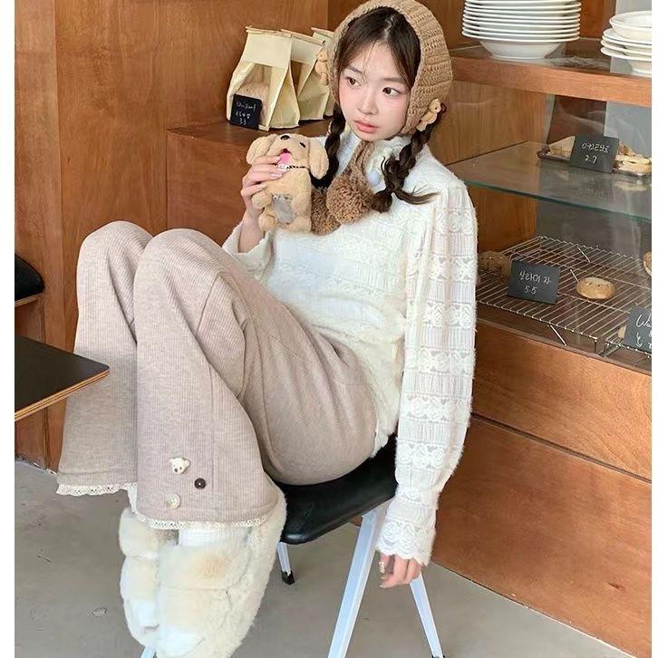 Women's Cotton Cute Straight Pants Fall and Winter High Waist Casual Trousers Street Drawstring Straight Pants