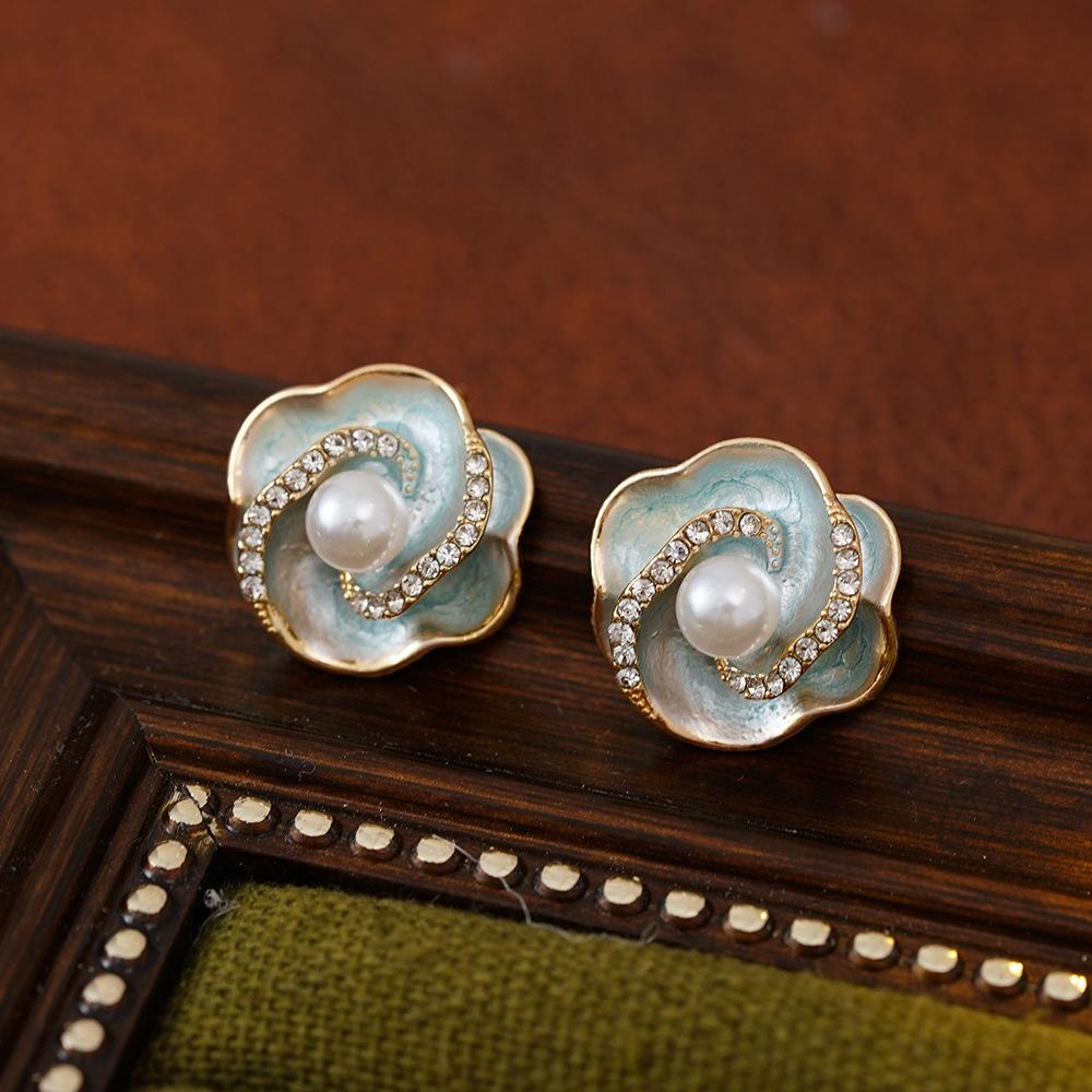 Vintage Light Luxury Crystal Flower Imitation Pearl Stud Earrings For Women Korean Exquisite Earring Jewelry Party Gifts