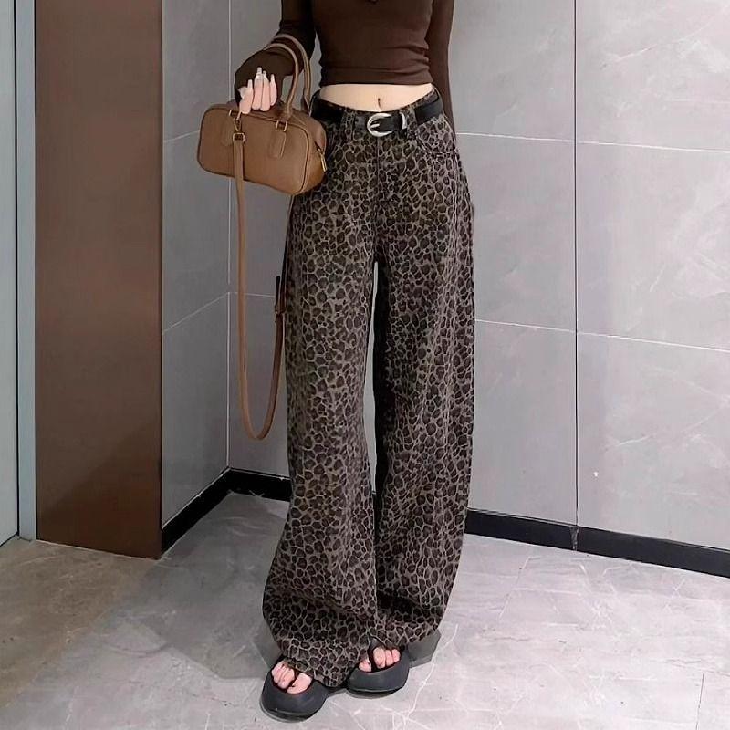 

Women s High Waist Leopard Print Denim Jeans - Plus Velvet, Slimming Wide-Leg, Floor-Length for Autumn/Winter 2XL [Suggested for 125-140 lbs]