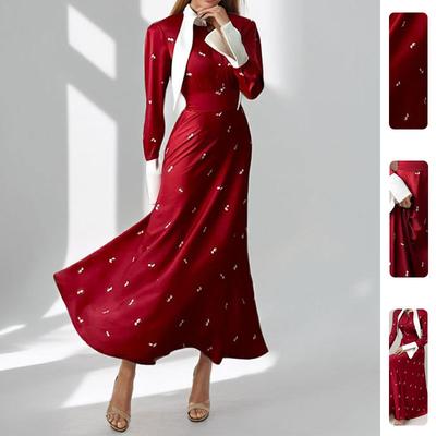 Jarní nové dámské oblečení, evropské a americké šaty, elegantní temperamentní tištěný kyvadlový design dlouhé šaty