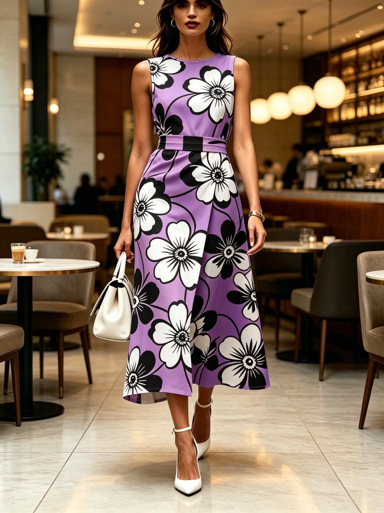Purple with Black and White Large Floral Printed Round Neck Sleeveless Midi Dress Modern Elegant Casual Fashion Women's Clothing