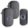 IP44 Outdoor Wireless Doorbell – 1 Transmitter + 2 Receivers, 150 M Range, 39 Ringtones, LED (Black / Blue)