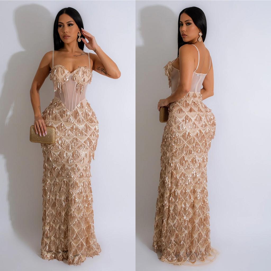 Evening Gown Fashion Party Gowns Women's Solid Sequins Sexy Halter Long Dress