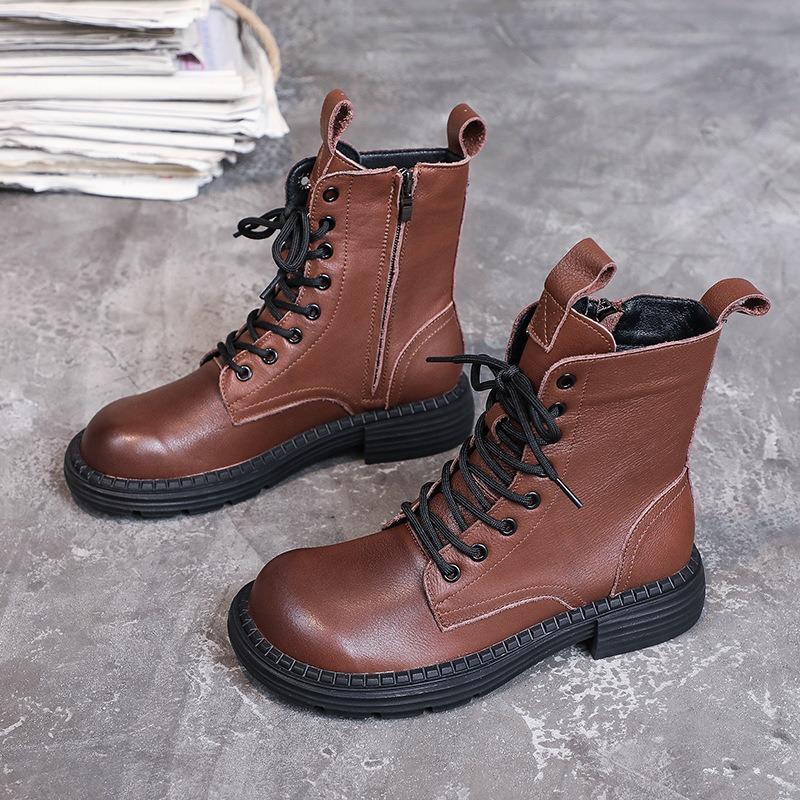 Women Genuine Leather Boots Chunky Platform Square Toe Side Zipper Ankle Boots For Women Winter Warm Lace-up Shoes