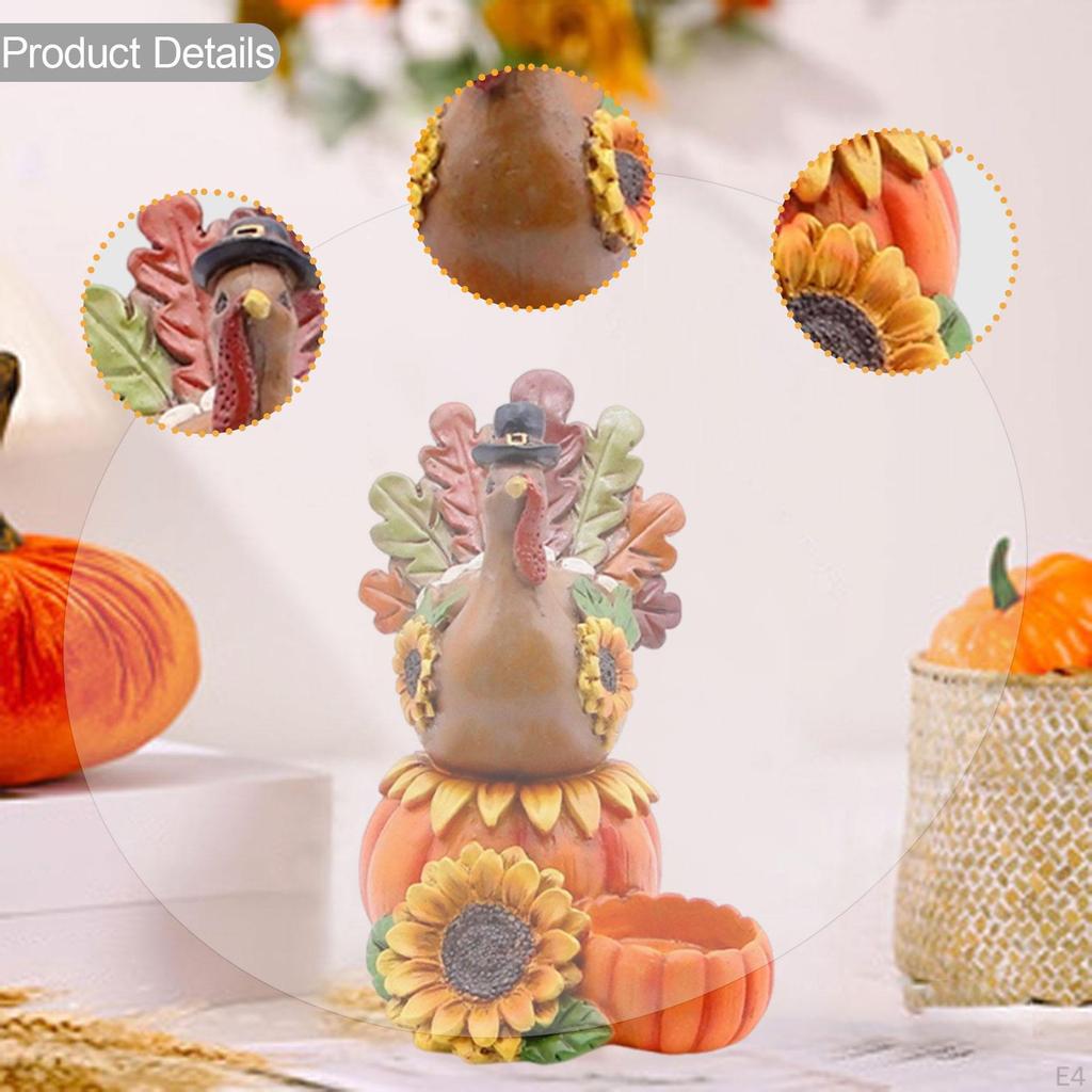 Candle Holder Turkey Statue with Pumpkin Ornament Decoration Thanksgiving Sculpture Resin Figurine
