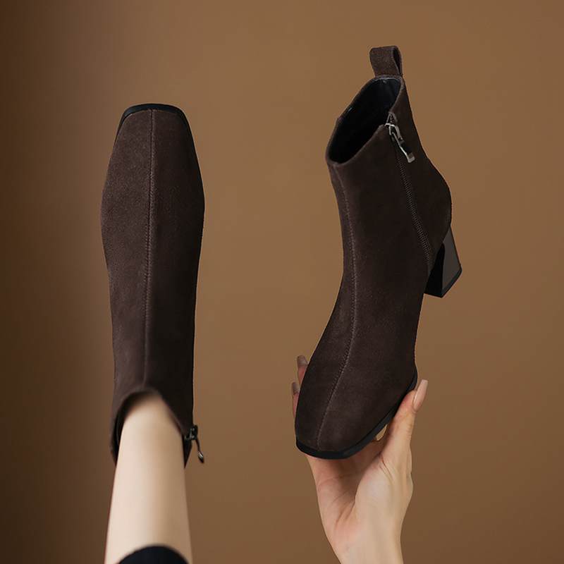 Krazing Pot Cow Suede Nubuck Winter Square Toe Modern Boots Thick High Heels Zipper Women Ankle Boots