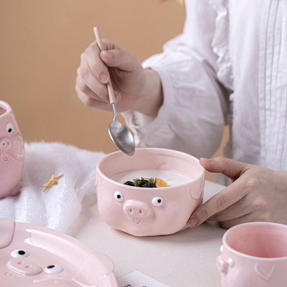 Cartoon Piggy Tableware Set, Cute Underglaze Dessert Plate, Mug, Coffee Cup, Household High-value Ceramic Rice Bowl Plate