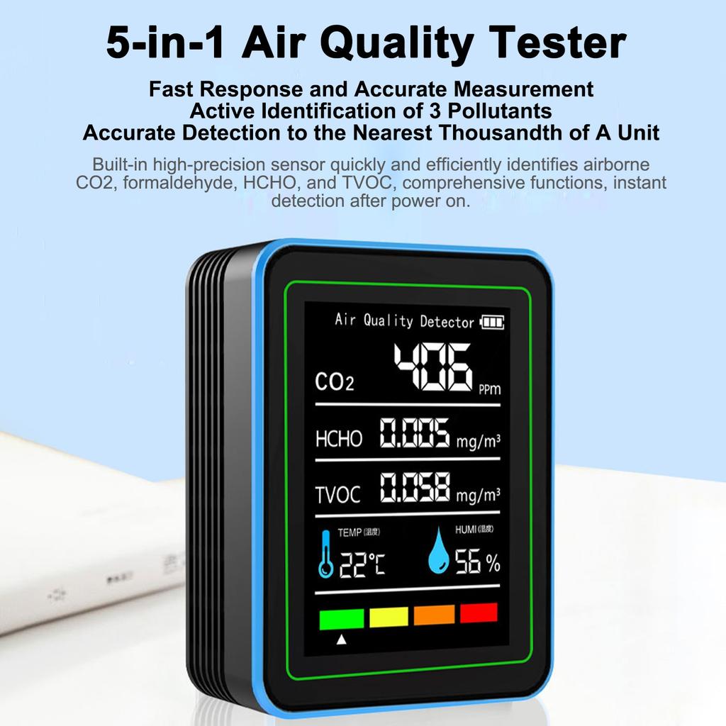 5 in 1 Indoor Air Quality Monitor Portable Detector Accurate CO2 TVOC HCHO Temperature & Humidity Air Quality Tester