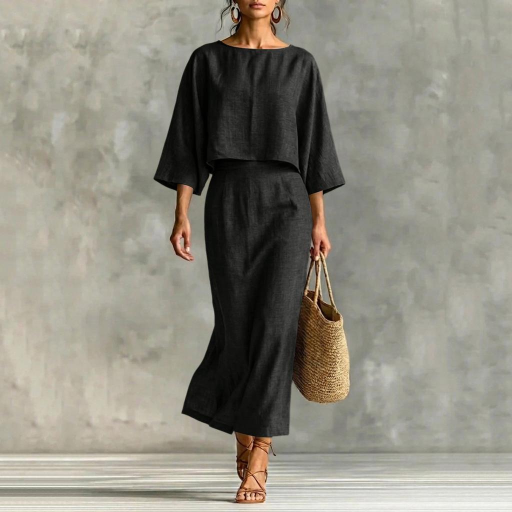Modisches Lässiges Rundhals-Pullover-Oberteil mit Sieben-Zoll-Ärmeln und High-Waist-Midi-Rock-Set für Damen