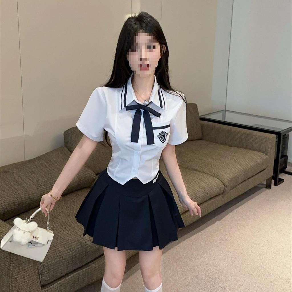 Preppy Autumn JK Set: Long Sleeve Shirt & High Waist Pleated Skirt