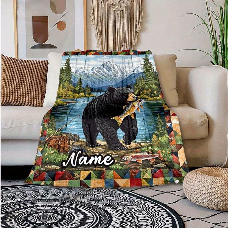 Bear Eating Fish Customize Your Name Outdoor Blanket Used For Chair Office Sofa Bed Camping Soft And Warm Giving Friends And Relatives Birthday