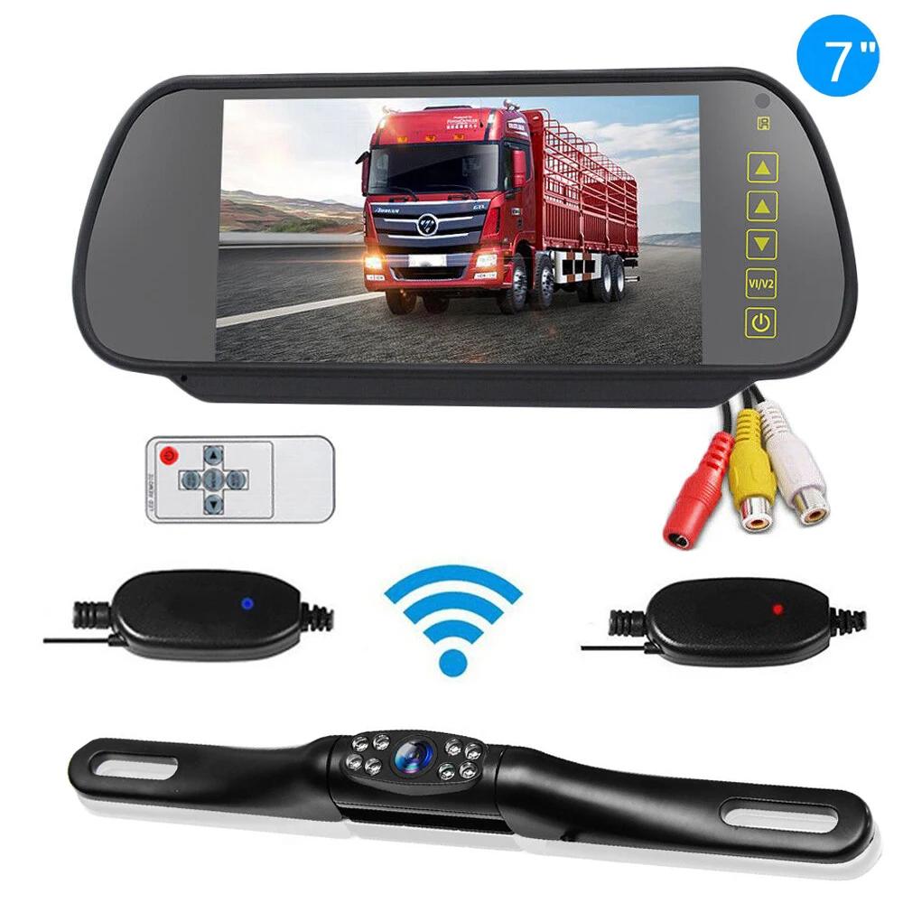 7" Rear View Backup Monitor Mirror Wireless 2.4g Reverse Camera DVR Kit For Car Truck Van