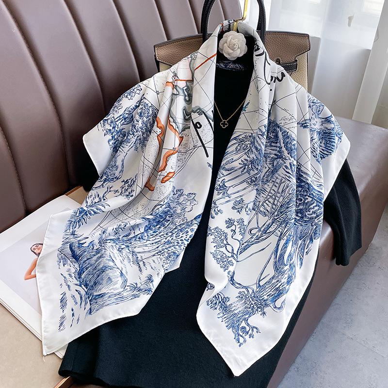 New 30 Colors Twill Silk Scarf Women 90cm Square Hijab Shawls And Wraps Female Foulard Headkerchief Elegant Floral Lady Bandana