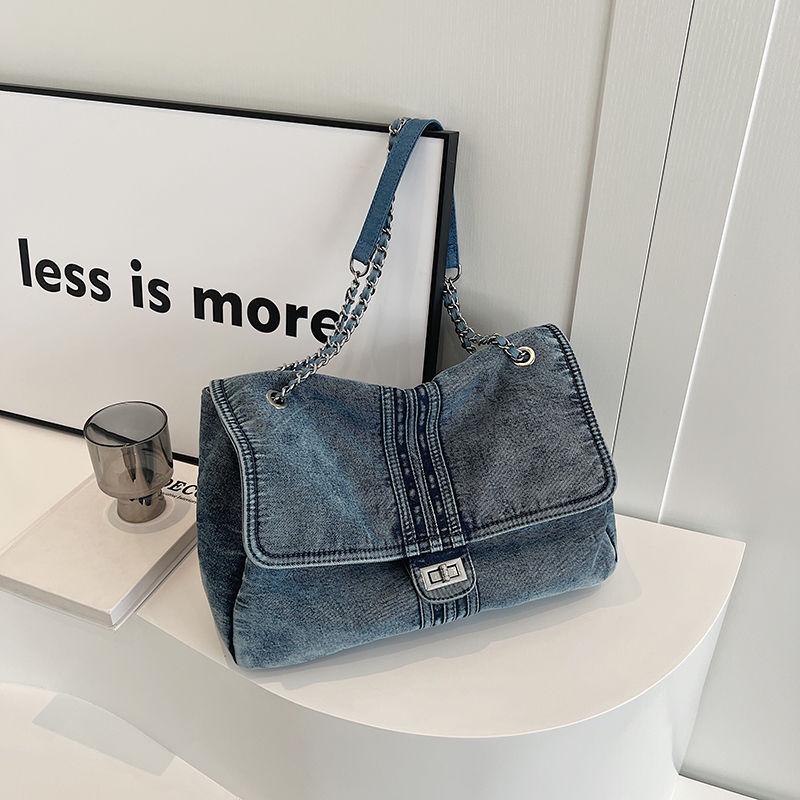 Sac bandoulière décontracté en denim grande capacité pour femme avec chaîne