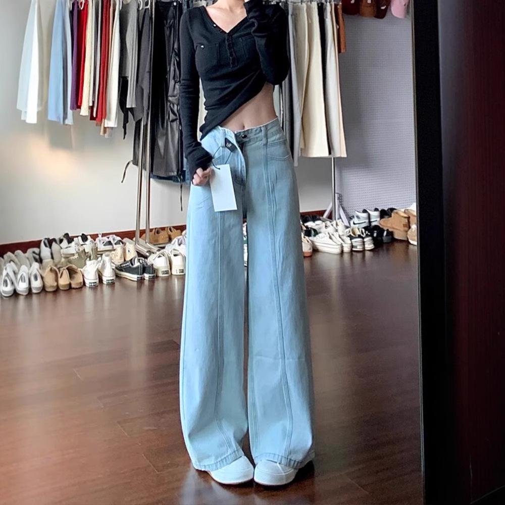 2025 Summer Trendy American Retro Light Blue Wide-Leg Patchwork Jeans XL светло-синий