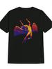 Vibrant Angel Wings Graphic T-shirt - Black Casual Crew Neck Tee with Fiery Red & Blue Design