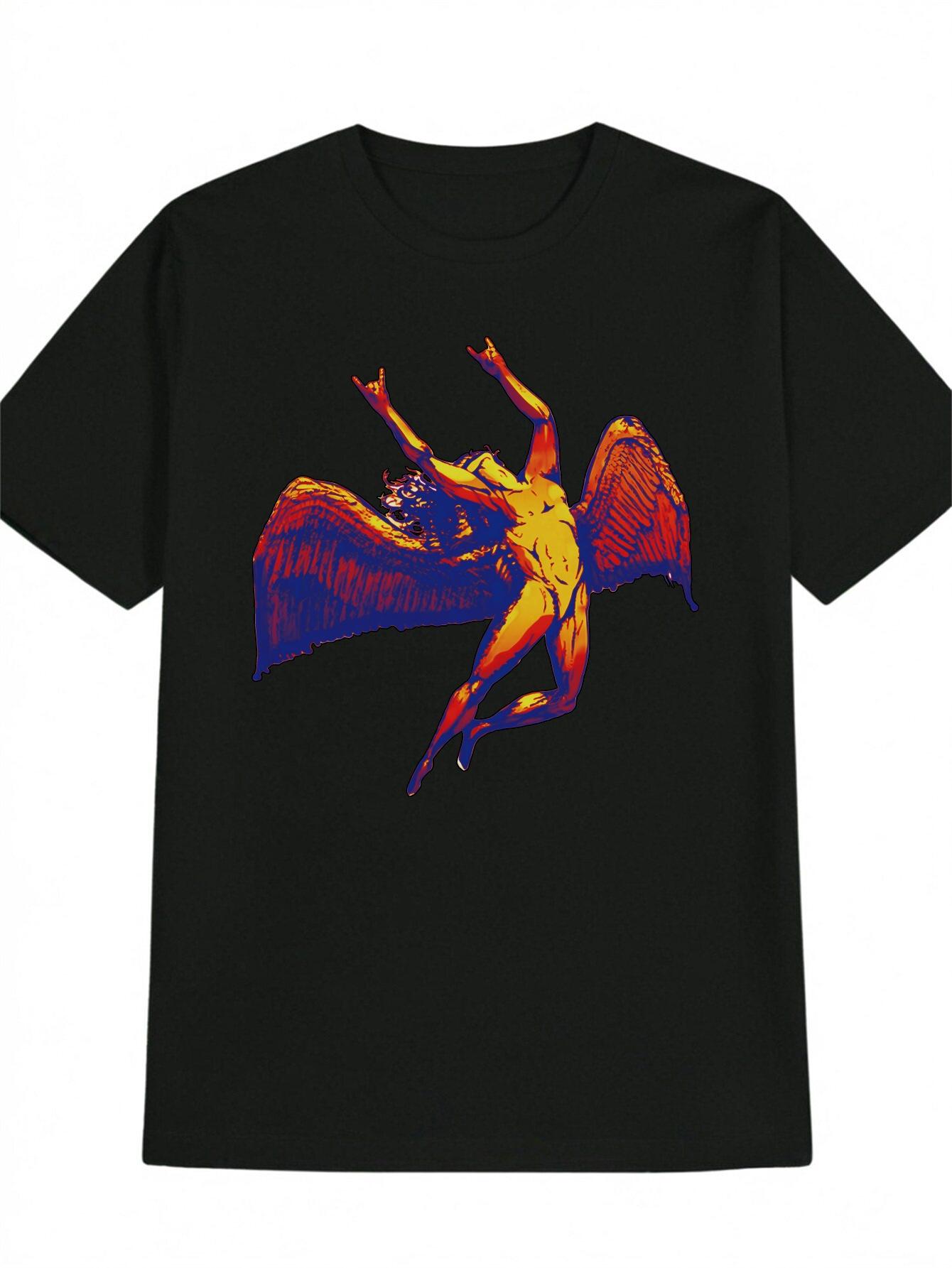 

Vibrant Angel Wings Graphic T-shirt - Black Casual Crew Neck Tee with Fiery Red & Blue Design XXL