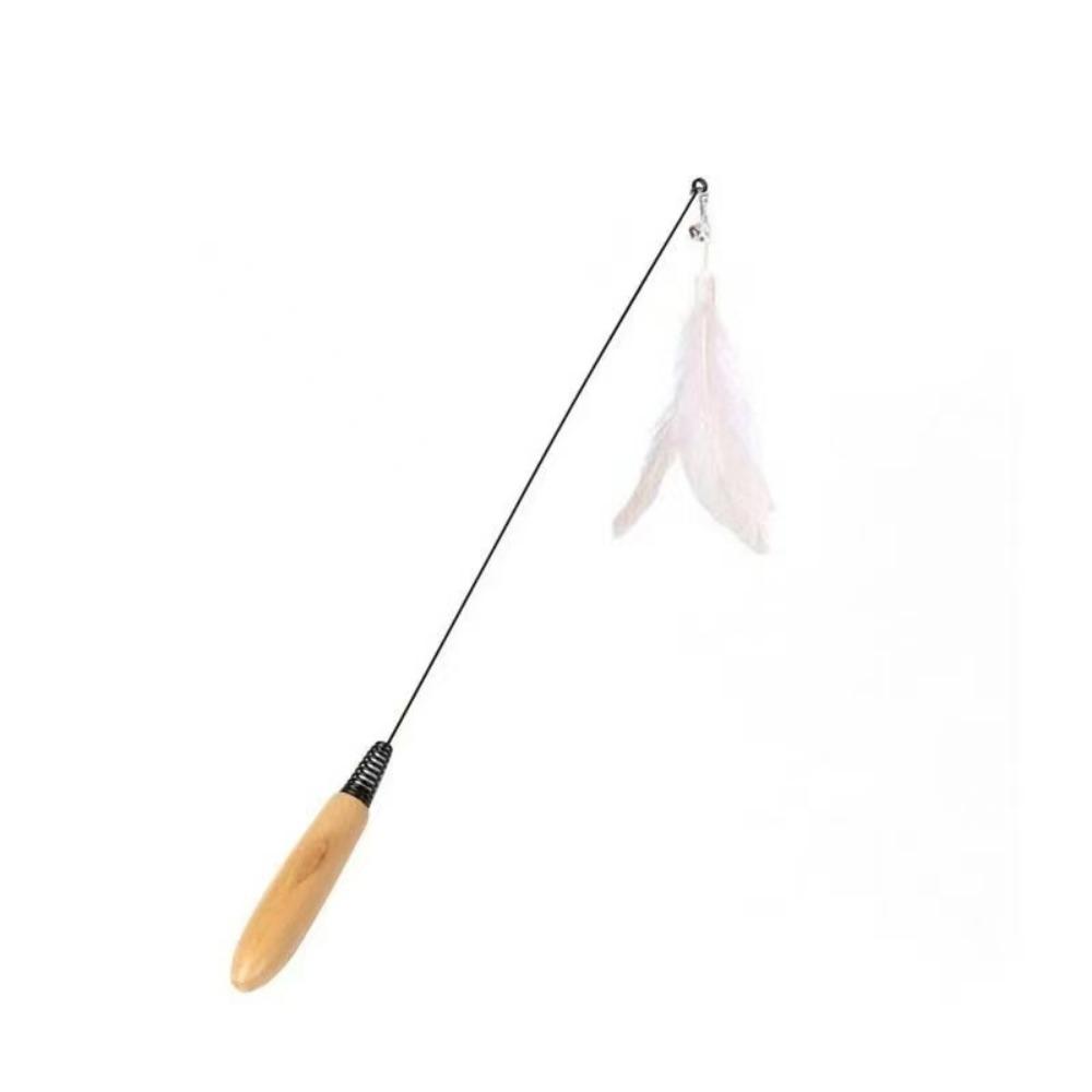 Wooden Handle Spring Teasing Cat Stick Simulation Fishing Rod Interactive Cat Teaser Stick Feather Replaceable Bell Squeaky Cat