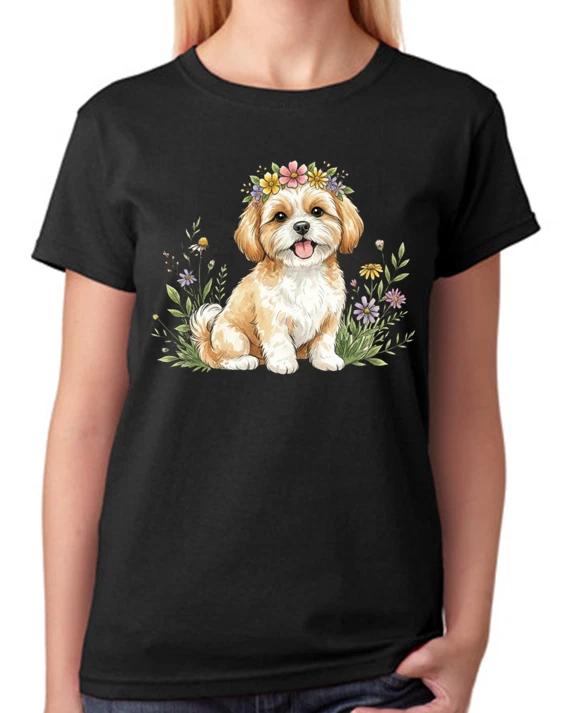Floral Shih Tzu Puppy Illustration Ladies T-Shirt Cute Dog Art Tee XXL