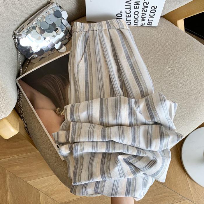 

Plus Size Jin Striped Tie-Dye Wide-Leg Summer Pants - Loose, Slimming, Casual Style XL синій