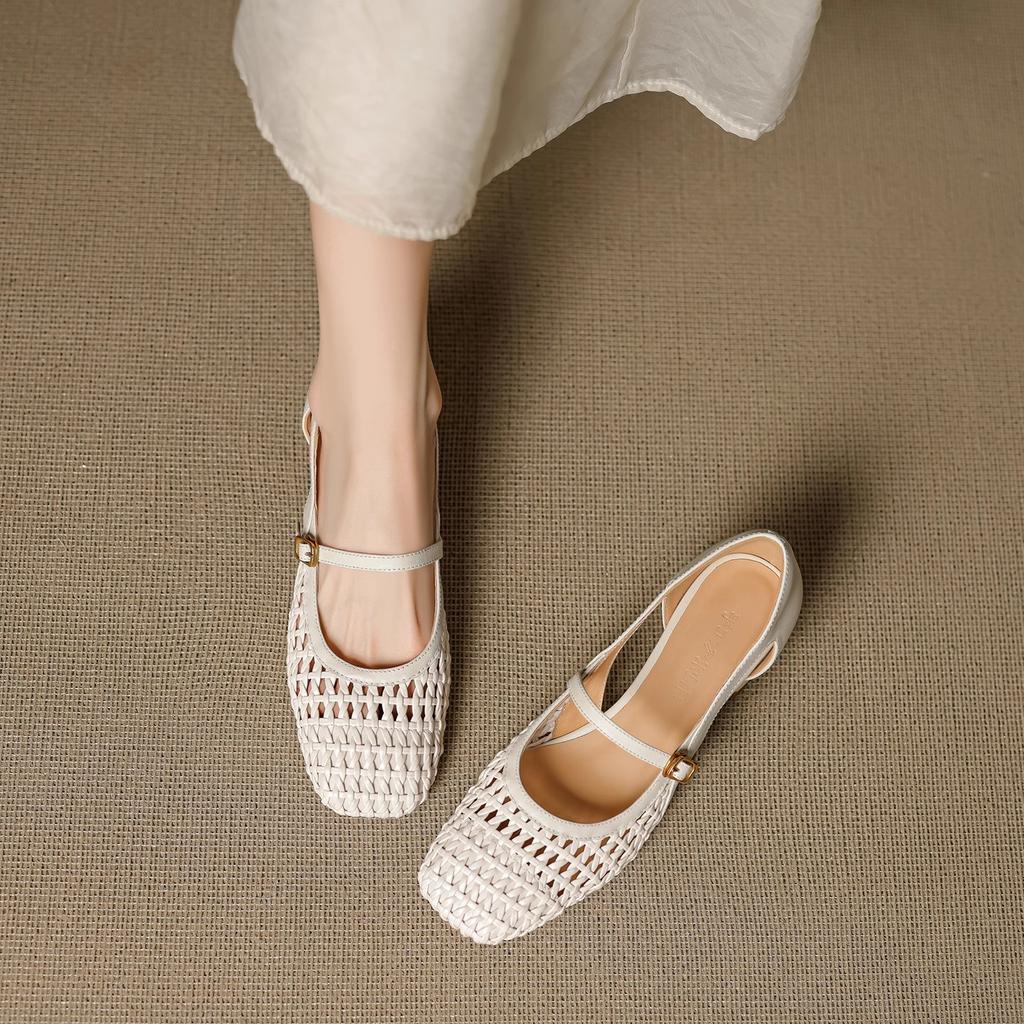 French Retro Soft Leather Square Head Woven Hollowed Mary Jane Shoes Women's 2025 New Middle Heel One-word Strap Single Shoes Women