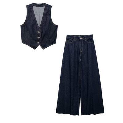 2024 Retro V-Neck Denim Vest & Wide-Leg Pants Set for Women