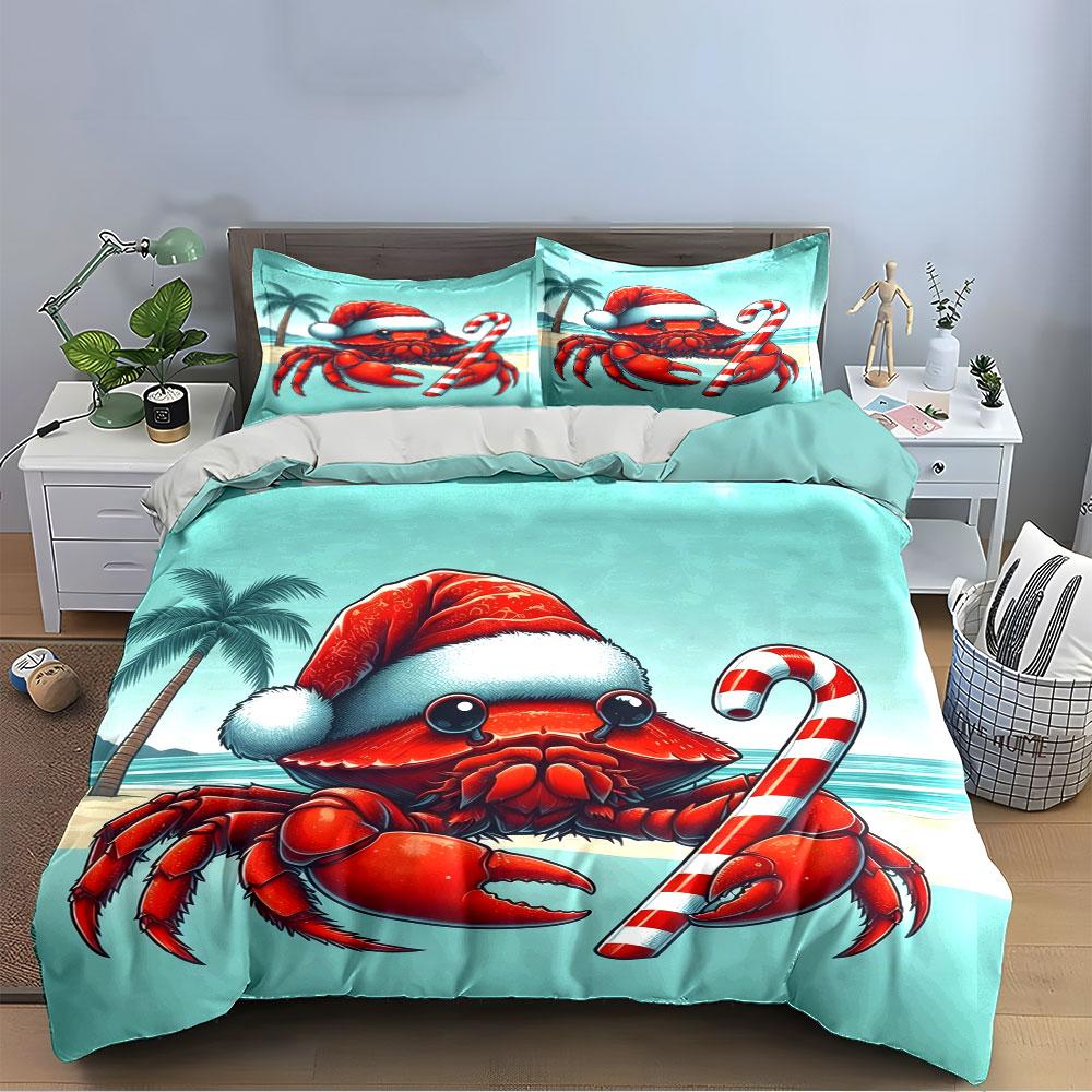 Christmas Crab with Candy Cane Bedding Duvet Cover Set (1*Duvet Cover 2*Pillowcases, Without Duvet Insert)