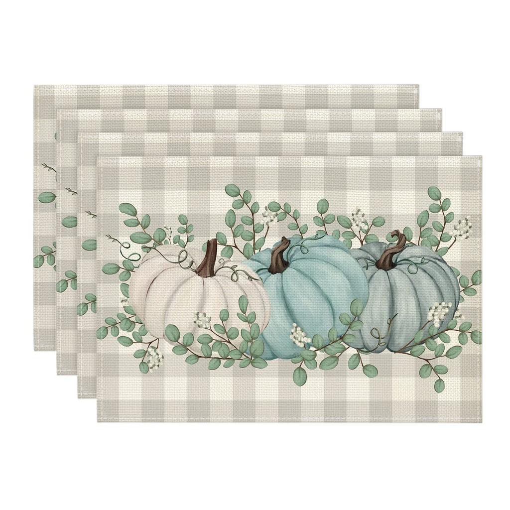 Pumpkins Eucalyptus Leaves Fall Placemats Set of 4, 12x18 Inch Autumn Thanksgiving Harvest Vintage Table Mat for Party Dining Decoration