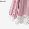 ZANZEA Women Casual Lace Patchwork Loose Long Sleeve Stripe Blouse