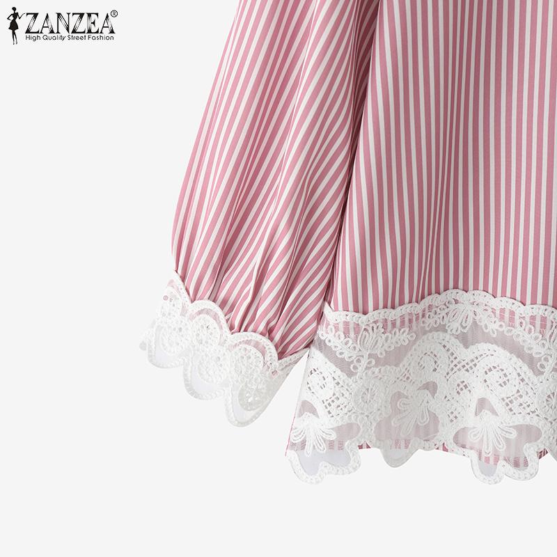ZANZEA Women Casual Lace Patchwork Loose Long Sleeve Stripe Blouse