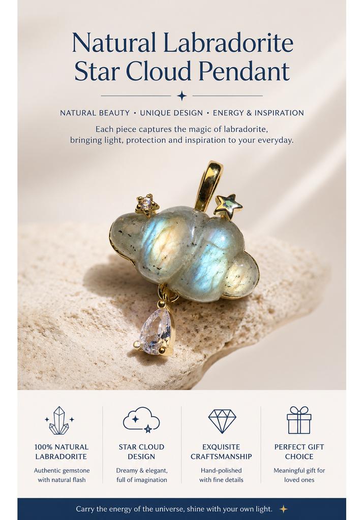 Natural Labradorite Star Cloud Pendant Gold Tone Teardrop Charm for DIY Necklace Jewelry Making