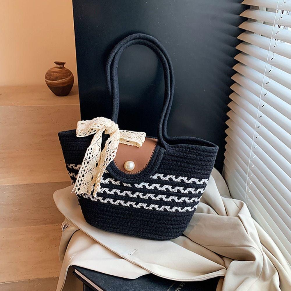With Ribbon Stripe Tote Handbag Korean Style Summer Beach Bag Simple Woven Tote Bag  Vacation