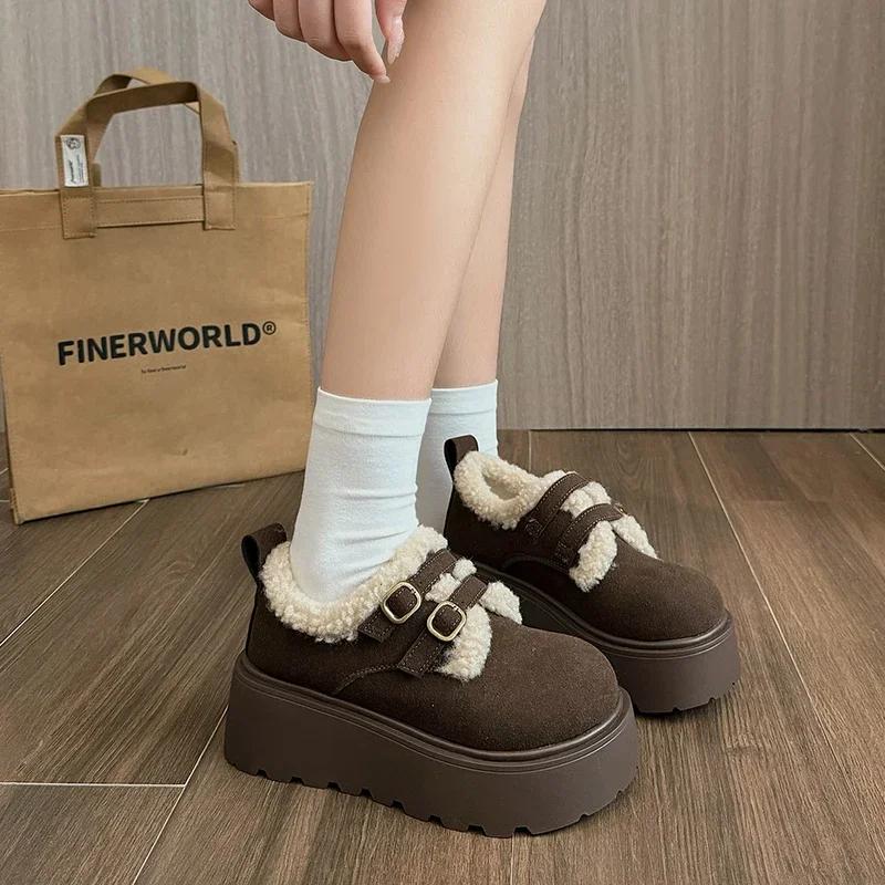 Women's Thick-soled Loafers Fur Round-toe Casual Sneakers Flat Shoes New Dress Winter Solid Color Keep Warm Breathable Versatile